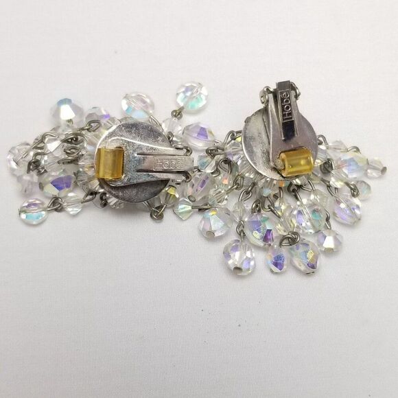 Vintage Hobe Beaded Clear Glass AB Fringe Dangle Clip On Earrings, Signed - Picture 3 of 7